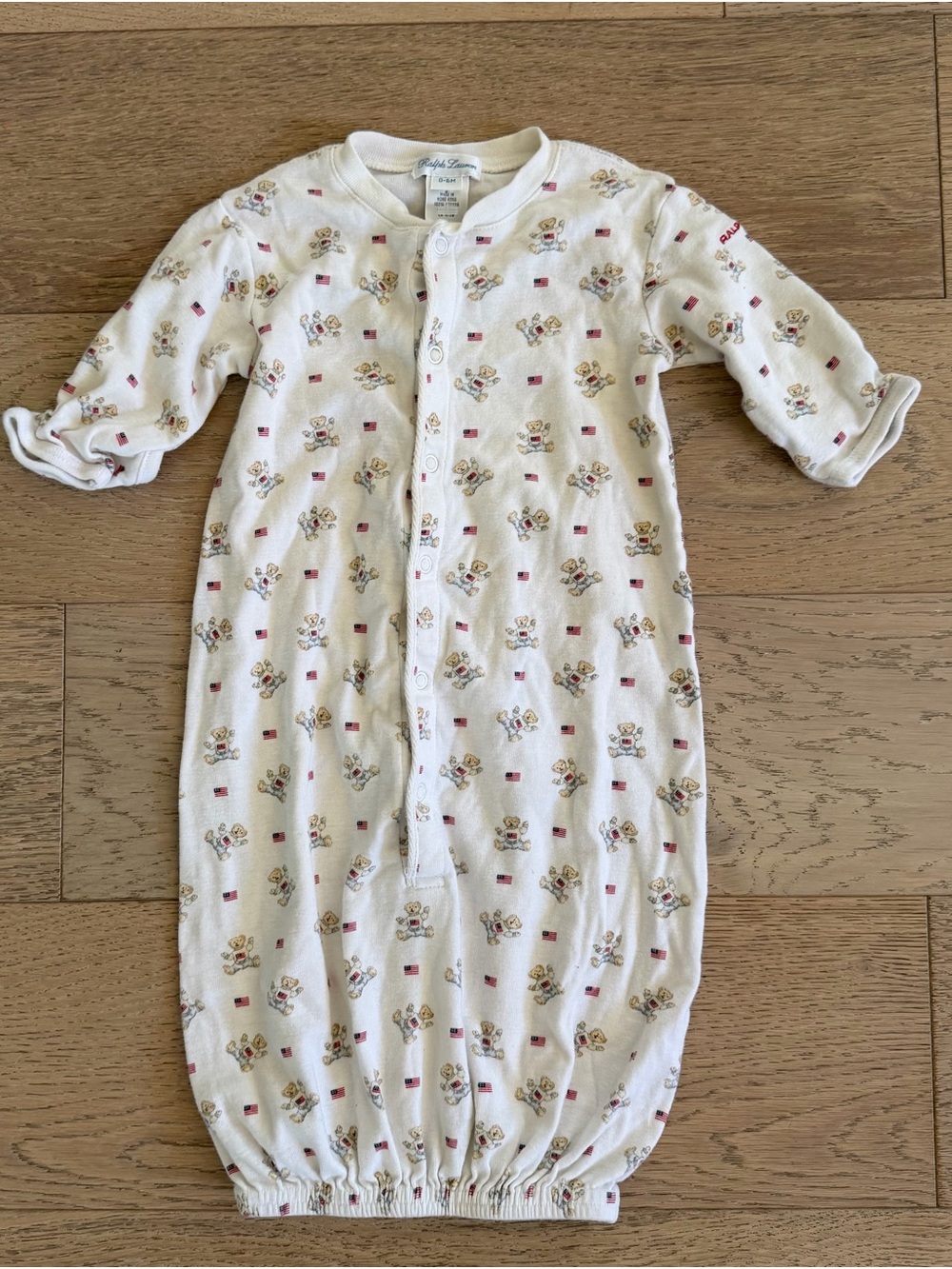 Vintage Polo Ralph Lauren Baby Bear & American Flag Print Sleep Gown 0-6 Months
